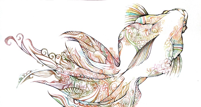 絵画 水彩の線画で描いた綺麗なおめかし金魚の絵 タカヒトアートワーク